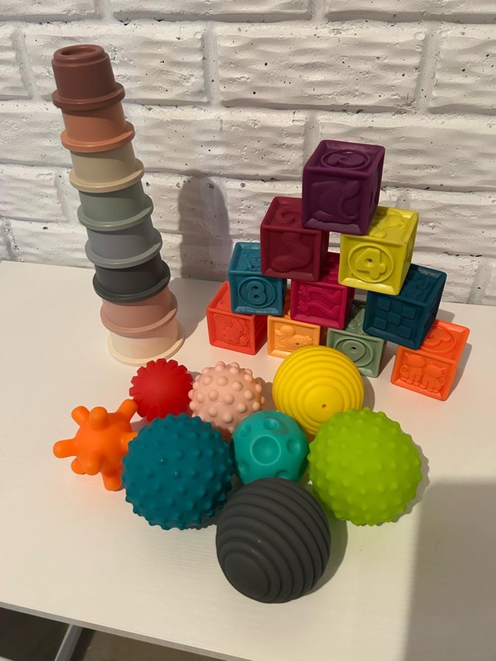 Mushie Stacking Cups & Colorful Sensory Play Ball and Block Set for Kids